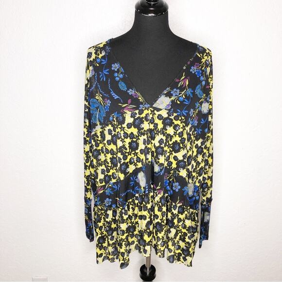 Free People Isabelle black blue yellow floral sheer v neck tunic top size Small - Picture 2 of 16